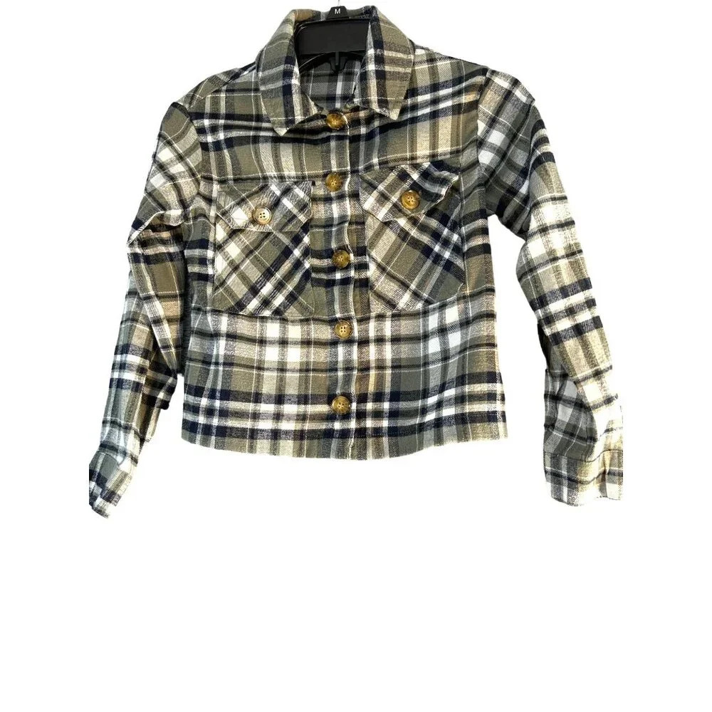 Beauties Girls Flannel Crop Top Green Multicolored Plaid Size M 7-8